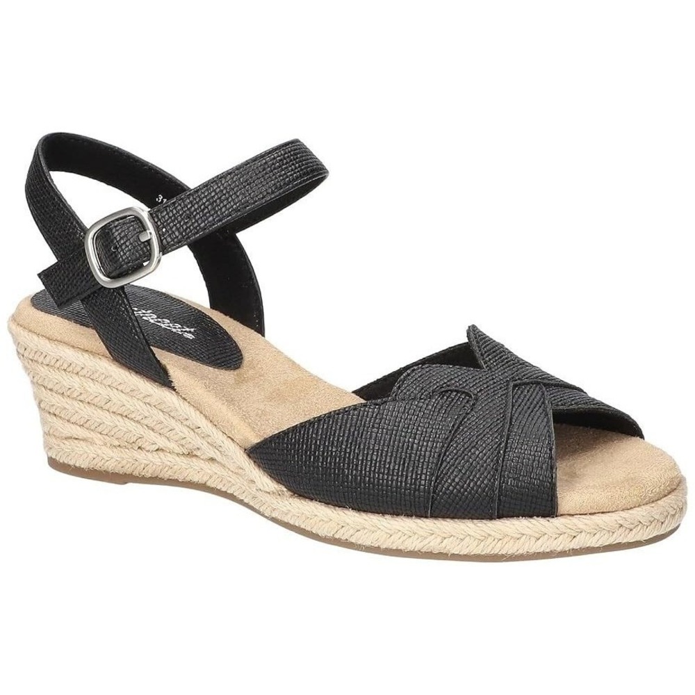 Easy Street Miramar Womens 7" Espadrille Wedge Sandal Black Upper Buckle Closure